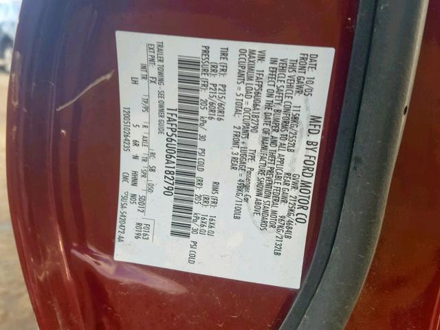 1FAFP56U06A182790 - 2006 FORD TAURUS SEL RED photo 10