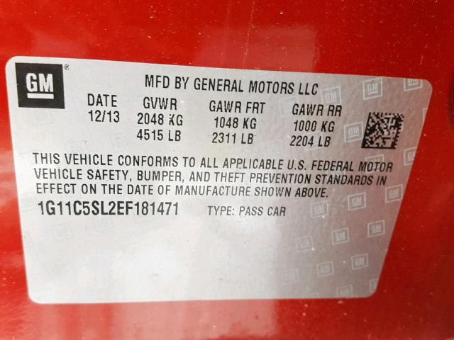 1G11C5SL2EF181471 - 2014 CHEVROLET MALIBU 1LT RED photo 10