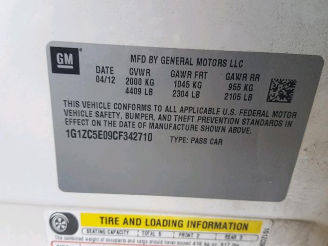 1G1ZC5E09CF342710 - 2012 CHEVROLET MALIBU 1LT 白色 照片 10