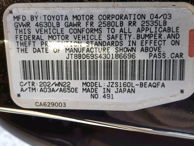 JT8BD69S430186696 - 2003 LEXUS GS 300 BLACK photo 10