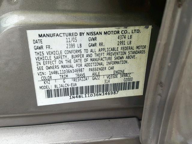 1N4BL11D36N346987 - 2006 NISSAN ALTIMA SE GRAY photo 10