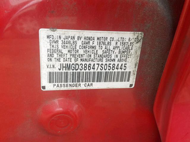 JHMGD38647S058445 - 2007 HONDA FIT S RED photo 10