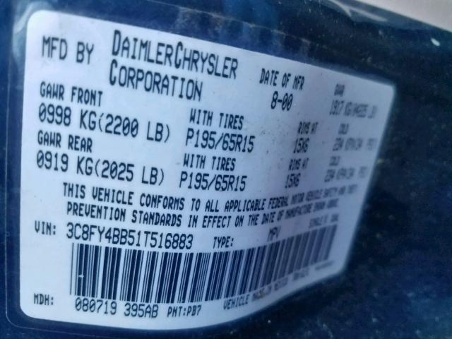 3C8FY4BB51T516883 - 2001 CHRYSLER PT CRUISER BLUE photo 10