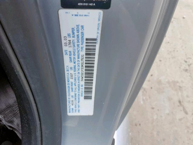 3VWCD21Y33M317531 - 2003 VOLKSWAGEN NEW BEETLE 银色 照片 10