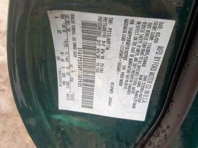 1FAFP55S0YG182935 - 2000 FORD TAURUS SES GREEN photo 10