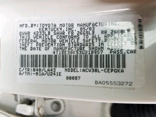 4T1BE30K53U218957 - 2003 TOYOTA CAMRY LE WHITE photo 10