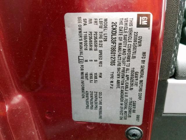 2CKDL33F786012765 - 2008 PONTIAC TORRENT BURGUNDY photo 10