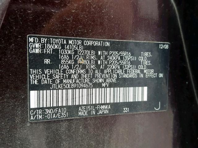 JTLKE50E891094675 - 2009 TOYOTA SCION XB Bordo foto 10