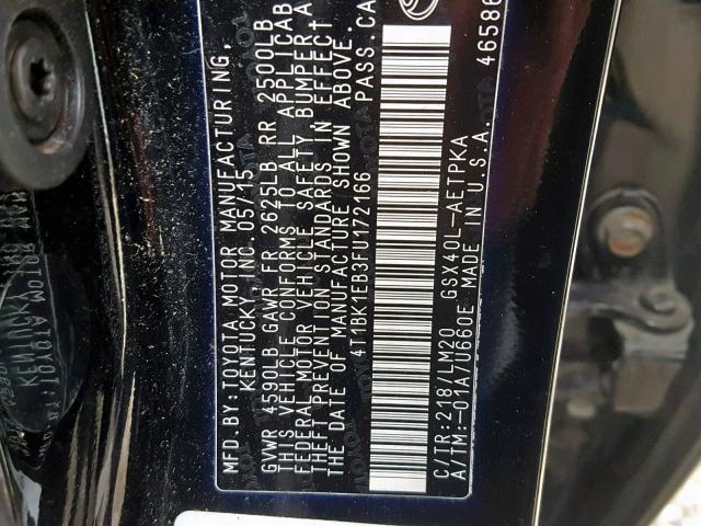 4T1BK1EB3FU172166 - 2015 TOYOTA AVALON XLE BLACK photo 10