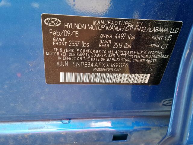 5NPE34AFXJH691176 - 2018 HYUNDAI SONATA SPO BLUE photo 10