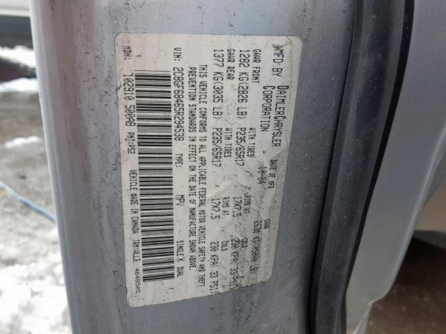 2C8GF68465R294538 - 2005 CHRYSLER PACIFICA T SILVER photo 10