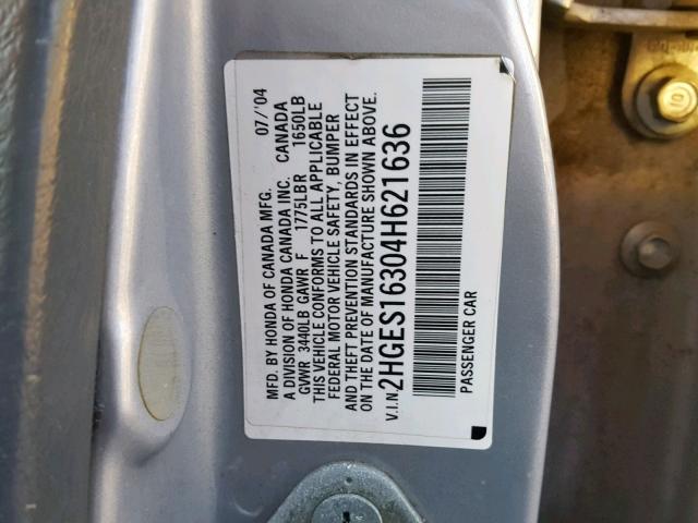 2HGES16304H621636 - 2004 HONDA CIVIC DX V SILVER photo 10