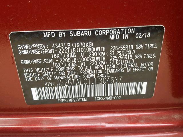 JF2GTALC1JH304637 - 2018 SUBARU CROSSTREK RED photo 10