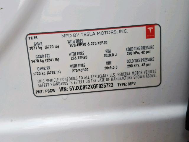 5YJXCBE2XGF025723 - 2016 TESLA MODEL X WHITE photo 10