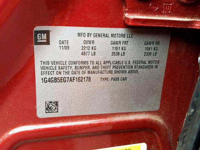 1G4GB5EG7AF162178 - 2010 BUICK LACROSSE C RED photo 10