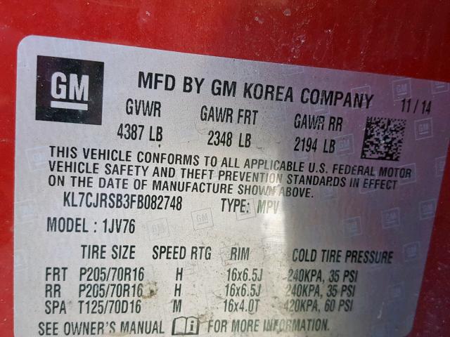 KL7CJRSB3FB082748 - 2015 CHEVROLET TRAX 1LT RED photo 10