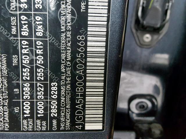 4JGDA5HB0CA025668 - 2012 MERCEDES-BENZ ML 350 4MA BLACK photo 10