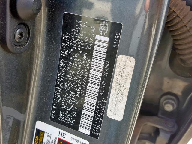 4T4BE46K79R062660 - 2009 TOYOTA CAMRY BASE GRAY photo 10