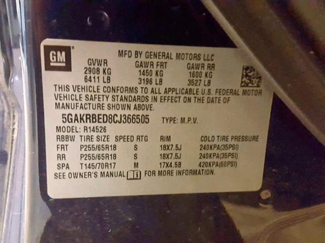 5GAKRBED8CJ366505 - 2012 BUICK ENCLAVE BLUE photo 10