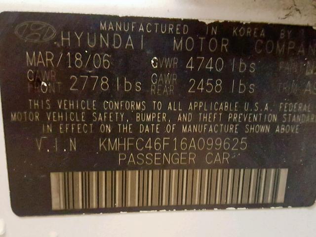 KMHFC46F16A099625 - 2006 HYUNDAI AZERA SE WHITE photo 10