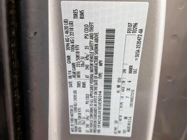 1FMCU0JX1EUE50314 - 2014 FORD ESCAPE TIT SILVER photo 10