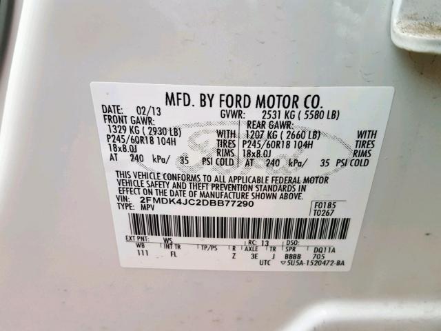 2FMDK4JC2DBB77290 - 2013 FORD EDGE SEL WHITE photo 10