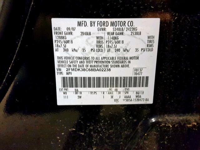 2FMDK38C68BA02238 - 2008 FORD EDGE SEL BLACK photo 10