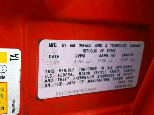 KL1TD66648B168649 - 2008 CHEVROLET AVEO BASE Qırmızı foto 10