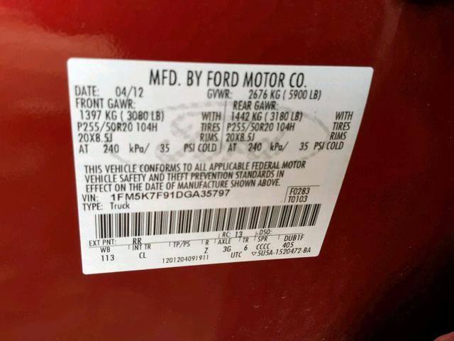 1FM5K7F91DGA35797 - 2013 FORD EXPLORER L RED photo 10