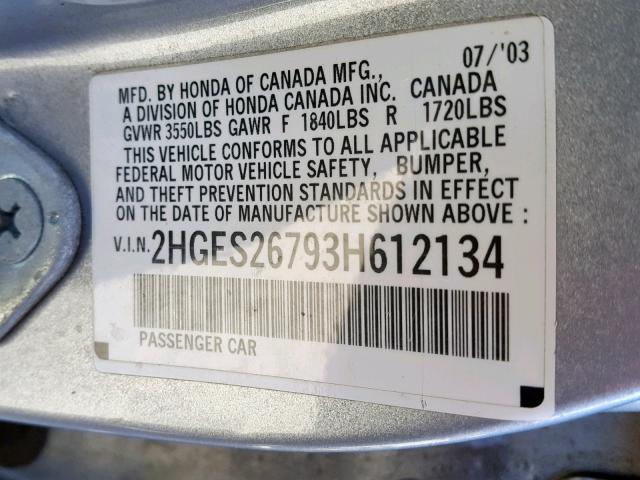 2HGES26793H612134 - 2003 HONDA CIVIC EX SILVER photo 10