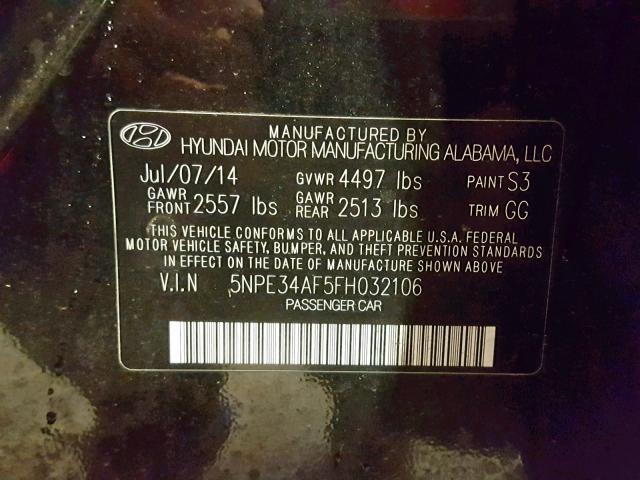 5NPE34AF5FH032106 - 2015 HYUNDAI SONATA SPO BLACK photo 10