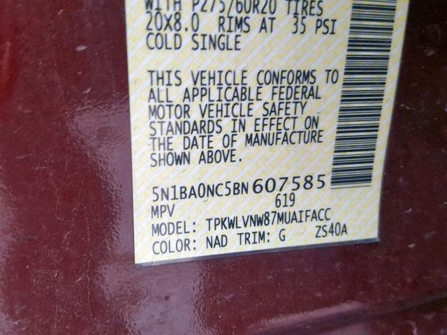 5N1BA0NC5BN607585 - 2011 NISSAN ARMADA SV MAROON photo 10