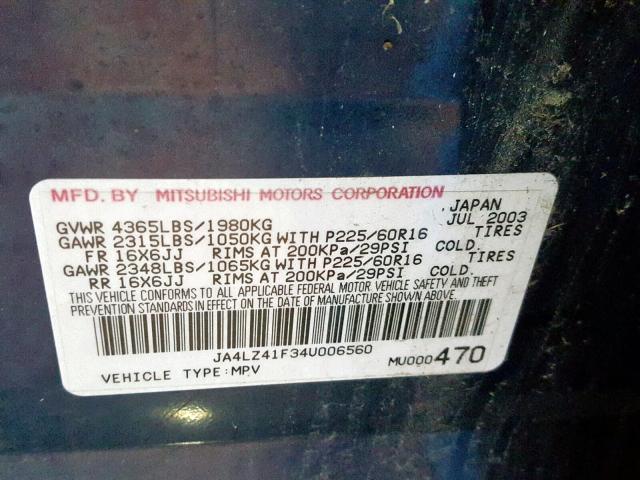 JA4LZ41F34U006560 - 2004 MITSUBISHI OUTLANDER BLUE photo 10