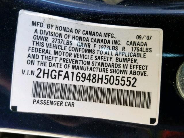 2HGFA16948H505552 - 2008 HONDA CIVIC EXL 蓝色 照片 10