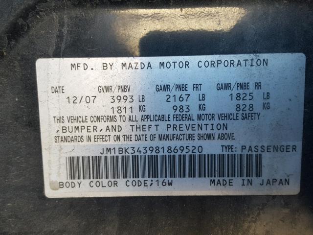 JM1BK343981869520 - 2008 MAZDA 3 HATCHBAC BLACK photo 10