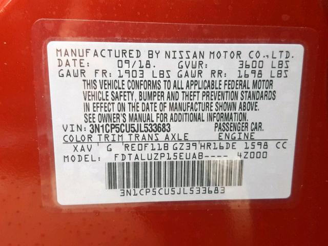 3N1CP5CU5JL533683 - 2018 NISSAN KICKS S RED photo 10