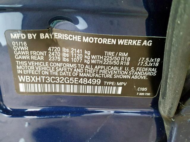 WBXHT3C32G5E48499 - 2016 BMW X1 XDRIVE2 BLUE photo 10
