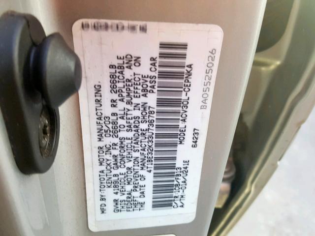 4T1BE32K33U736787 - 2003 TOYOTA CAMRY LE SILVER photo 10