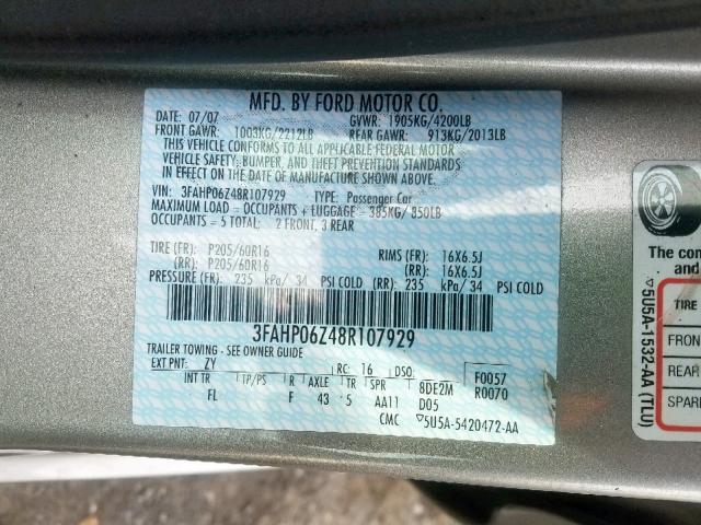 3FAHP06Z48R107929 - 2008 FORD FUSION S GRAY photo 10