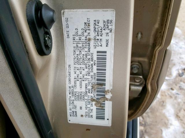 JTJHT00W723518698 - 2002 LEXUS LX 470 GOLD photo 10