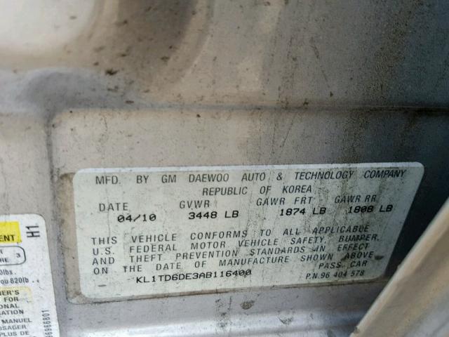 KL1TD6DE3AB116400 - 2010 CHEVROLET AVEO LS SILVER photo 10