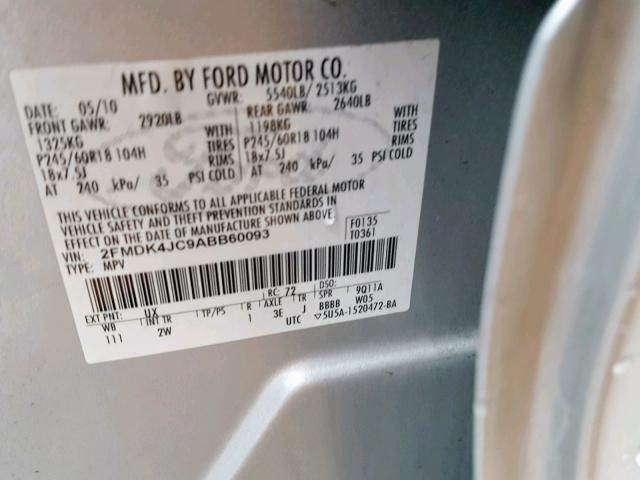 2FMDK4JC9ABB60093 - 2010 FORD EDGE SEL SILVER photo 10