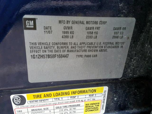 1G1ZH57B58F168447 - 2008 CHEVROLET MALIBU 1LT BLUE photo 10