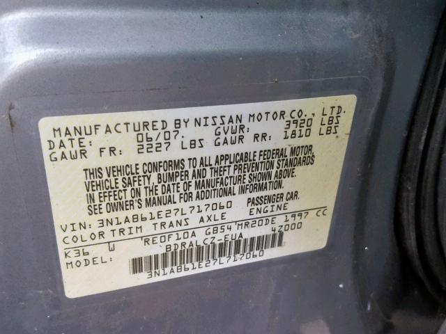 3N1AB61E27L717060 - 2007 NISSAN SENTRA 2.0 SILVER photo 10