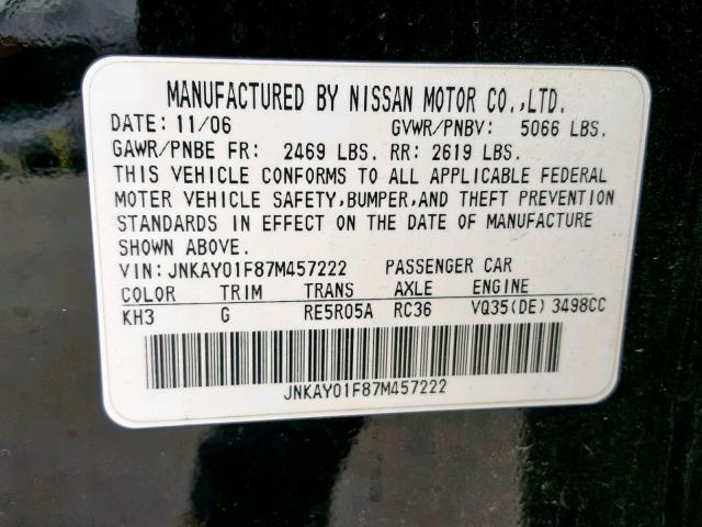 JNKAY01F87M457222 - 2007 INFINITI M35 BASE BLACK photo 10