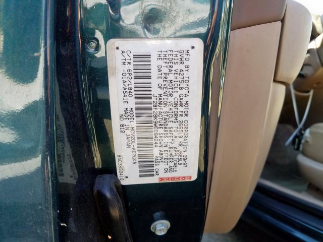 JT2BF28K9W0094244 - 1998 TOYOTA CAMRY LE GREEN photo 10