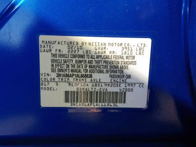 3N1AB6AP1AL668636 - 2010 NISSAN SENTRA 2.0 BLUE photo 10