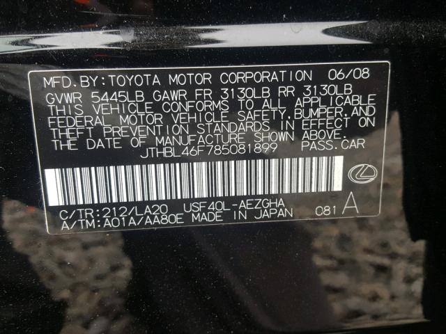 JTHBL46F785081899 - 2008 LEXUS LS 460 BLACK photo 10