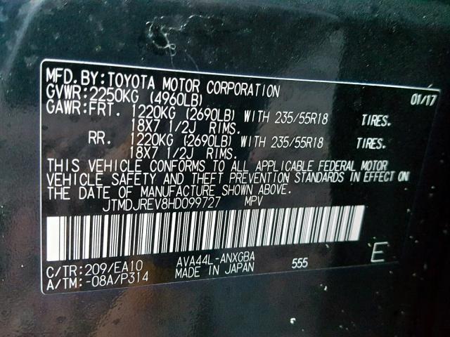 JTMDJREV8HD099727 - 2017 TOYOTA RAV4 HV LI BLACK photo 10