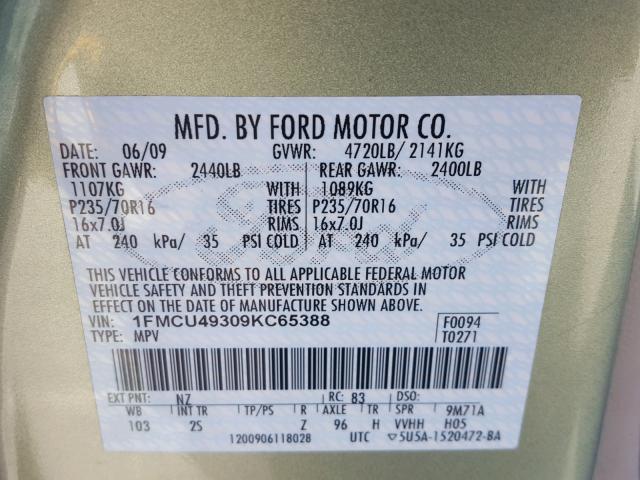 1FMCU49309KC65388 - 2009 FORD ESCAPE HYB GREEN photo 10